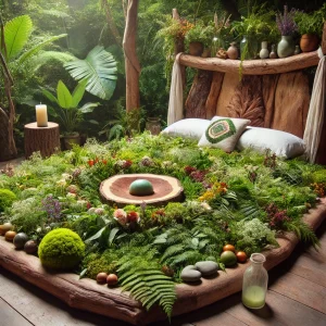 DALL·E 2024-11-14 17.00.47 - Uma cama xamânica feita inteiramente de ervas, com uma base de madeira rústica. O colchão é composto de folhas verdes, flores coloridas e ervas medici DALL·E 2024-11-14 17.00.47 - Uma cama xamânica feita inteiramente de ervas, com uma base de madeira rústica. O colchão é composto de folhas verdes, flores coloridas e ervas medici